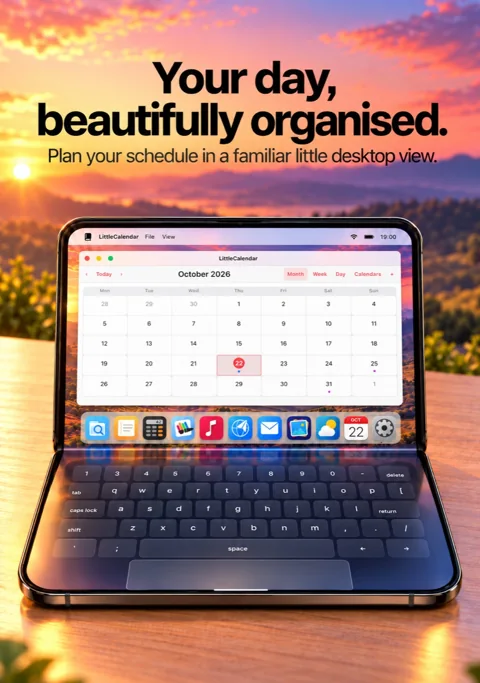 Official LittleCalendar artwork showing the October month view on LittleBook’s miniature desktop.