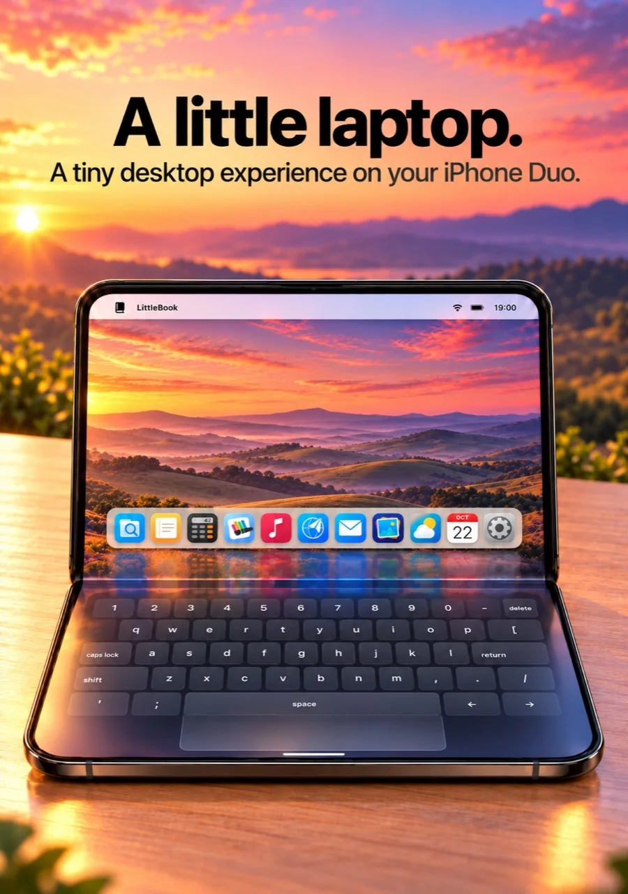 LittleBook promotional artwork: iPhone Duo folded into tabletop posture, with the desktop above a virtual keyboard and trackpad.