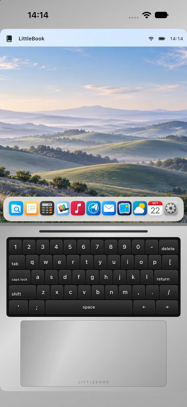 Genuine LittleBook screenshot on a conventional iPhone: the desktop and app dock sit above the virtual keyboard and large trackpad.