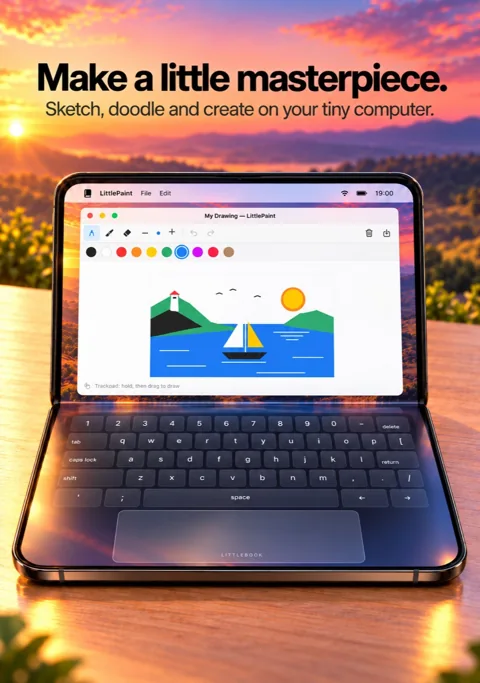 Official LittlePaint artwork showing a colourful harbour drawing and the real drawing tools.
