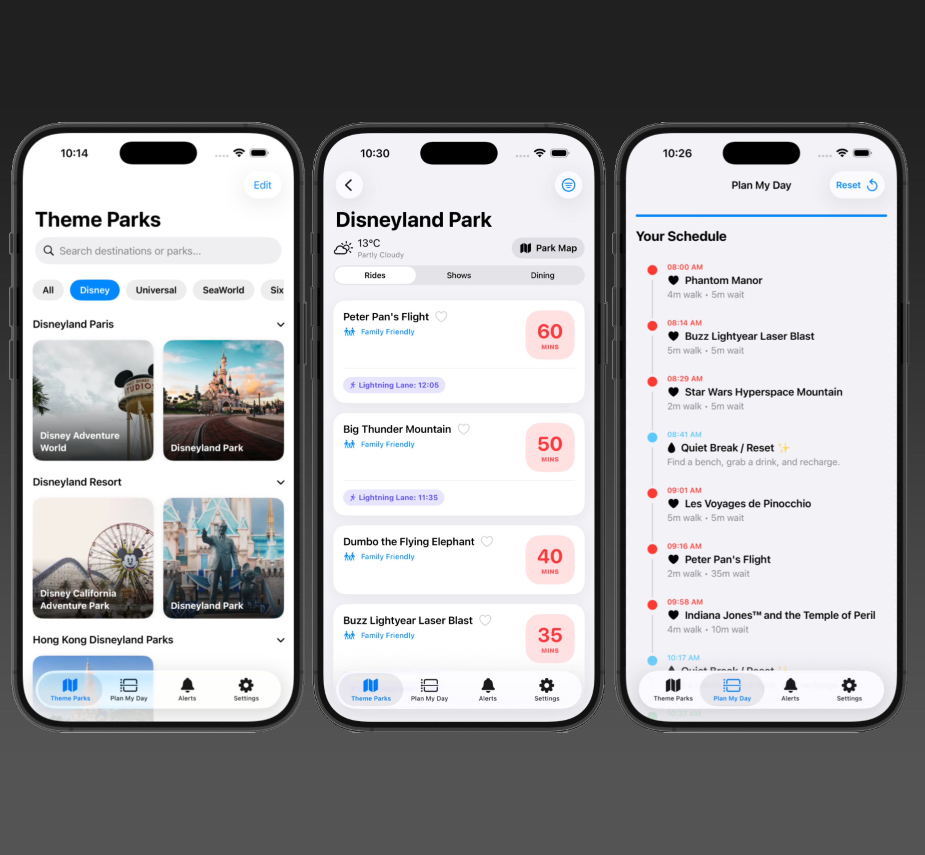 Three ParkPal screens showing parks, live wait times, and day planning