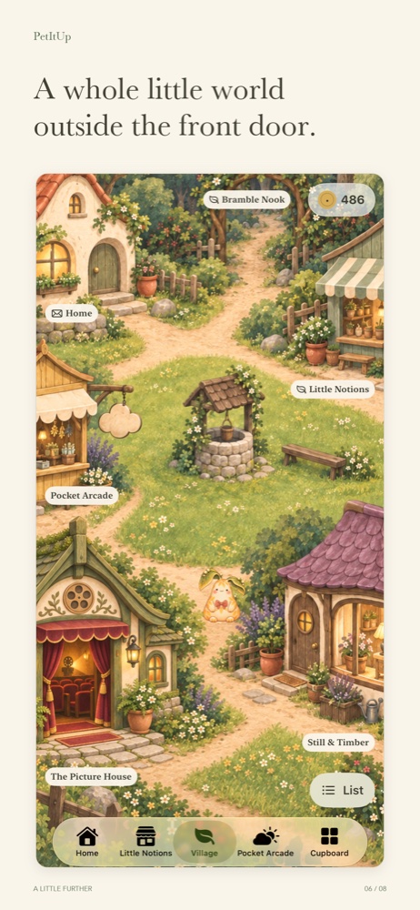 Official campaign showing the painterly Village and its little shops.