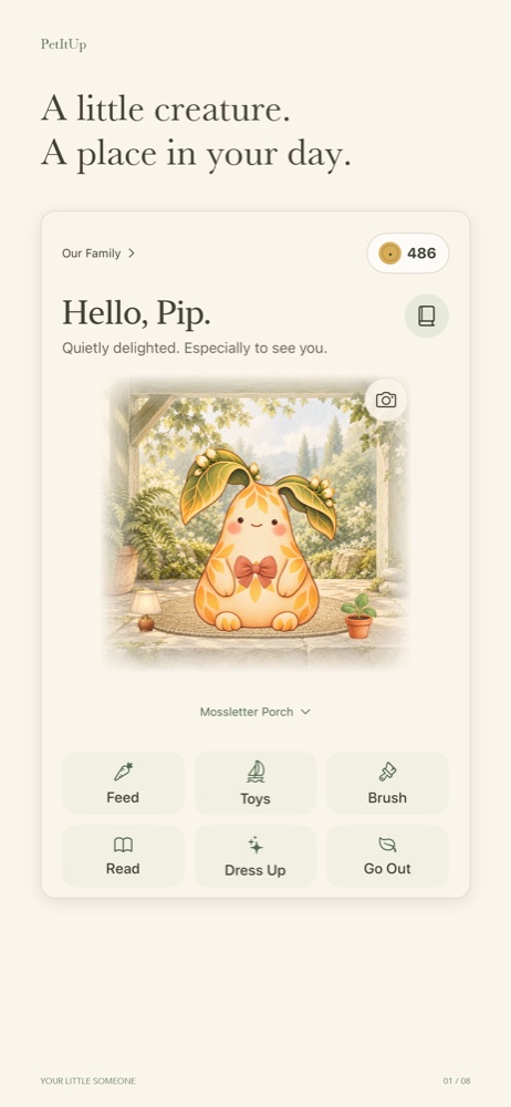 Official PetItUp campaign: Pip, a little companion with a coral bow, at Mossletter Porch.
